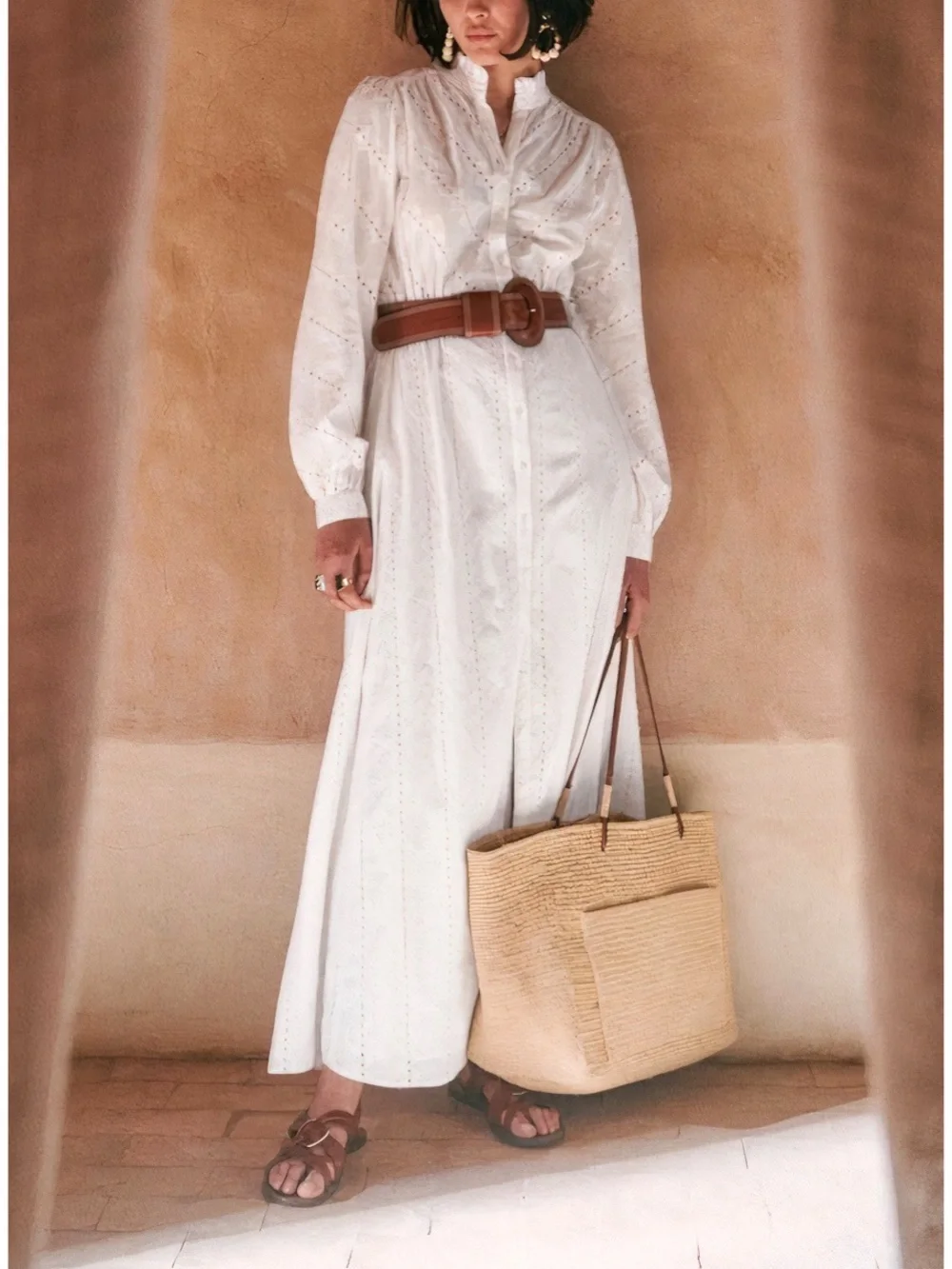NWT Sezane Maxi White Long-Sleeve Cotton Embroidered Havane Dress - Picture 1 of 7